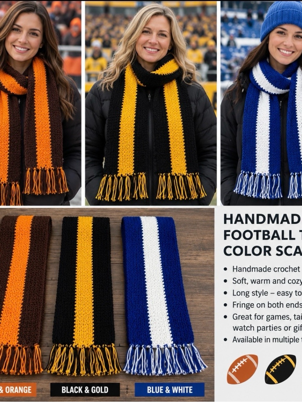 Handmade Black & Gold Football Team Crochet Scarf